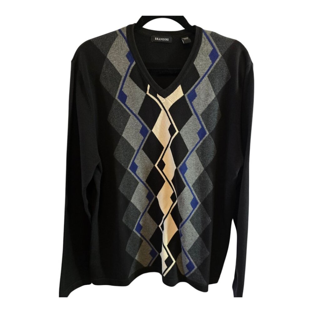 BRANDINI 100% COTTON ARGYLE PULLOVER SWEATER SIZE LARGE BLACK IVORY GREY BLUE